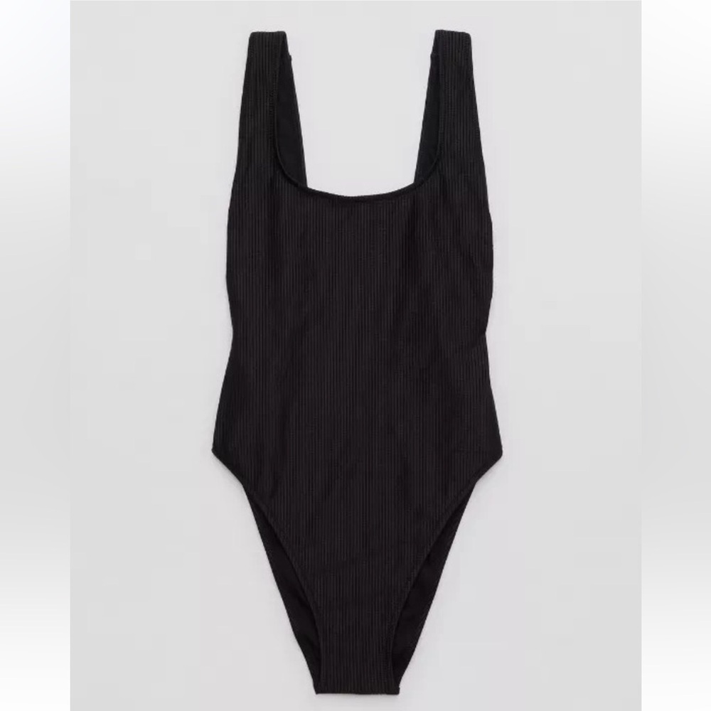 Aerie Shine Rib Birthday Scoop Cheekiest One Piece Swimsuit XXL True Black NWT - Picture 2 of 9